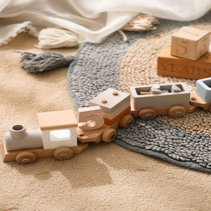 Handcrafted wooden Montessori train set with four connecting cars in natural wood and pastel colors