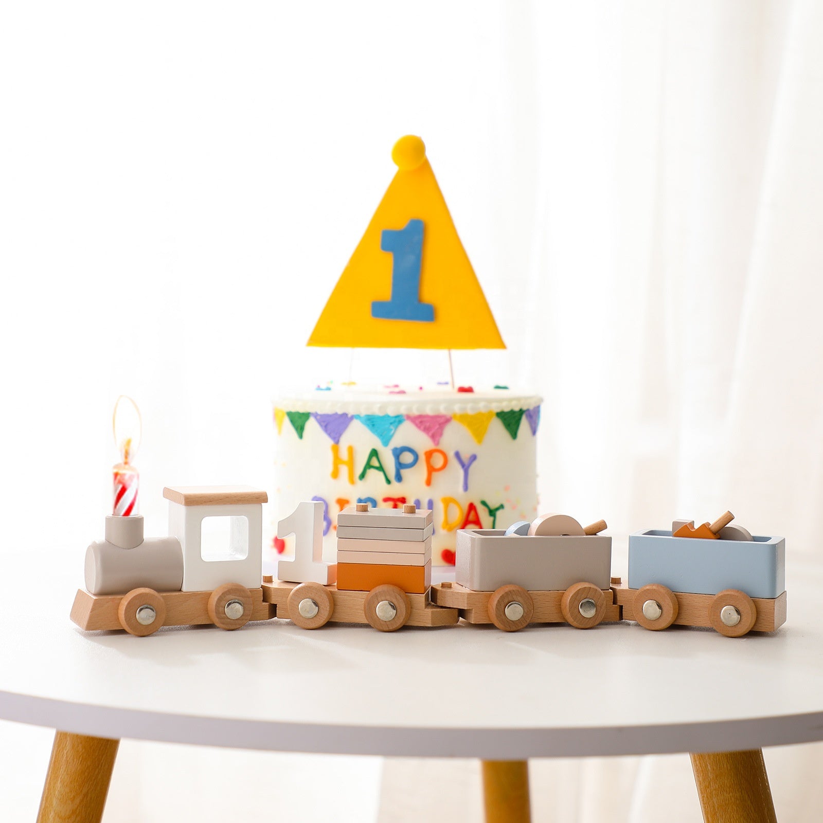 Wooden birthday train toy with decorative elements perfect for celebration displays