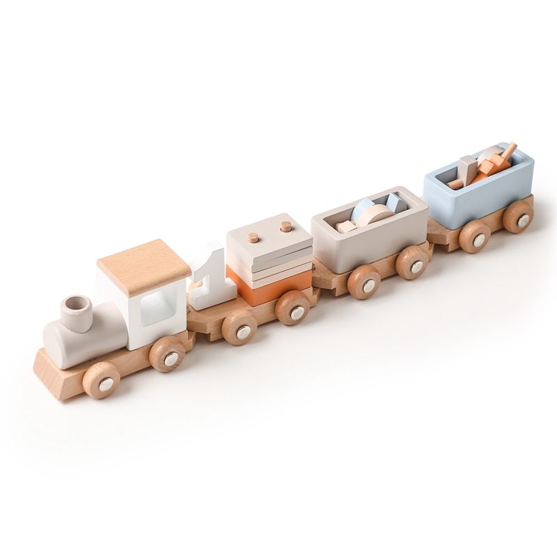 Natural wood toy train with non-toxic pastel blue and white accents for playroom display