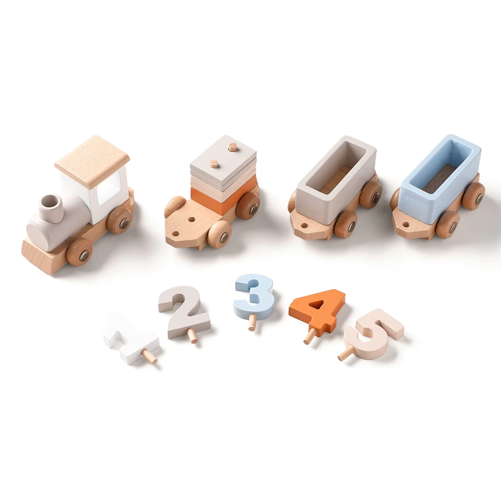Sustainable wooden train set promoting fine motor skills and imaginative play for ages 3+
