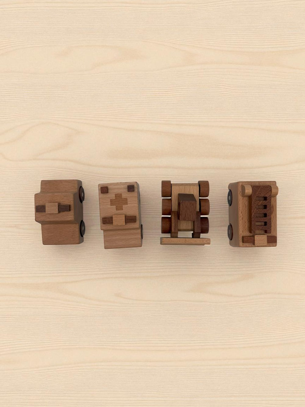 Four piece wooden community helper vehicle collection solid beech wood construction rolling wheels