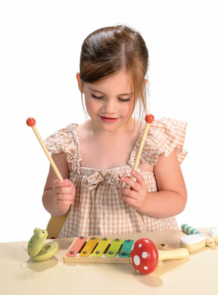 Four wooden musical instruments from Mentari with forest animal themes