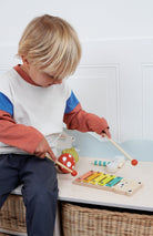 Close-up of sustainable wooden Mentari music toys with colorful details