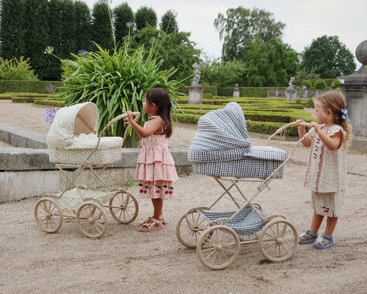 Captains blue check baby doll pram with under-basket storage and authentic vintage sailing styling