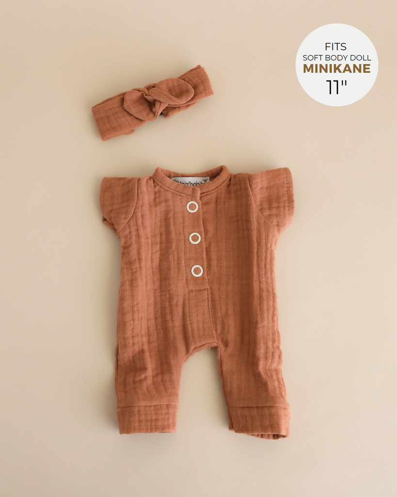 Minikane Doll Clothes | Soft Body Doll Jumpsuit with Headband - Brown