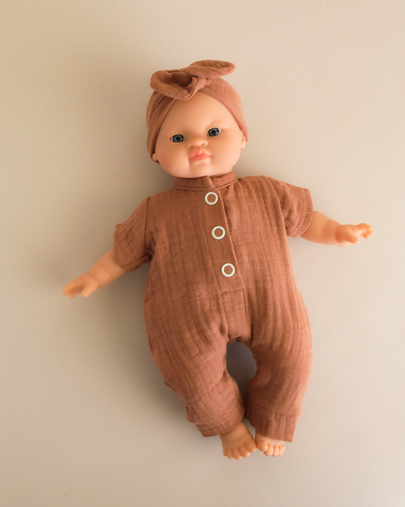 Minikane Doll Clothes | Soft Body Doll Jumpsuit with Headband - Brown