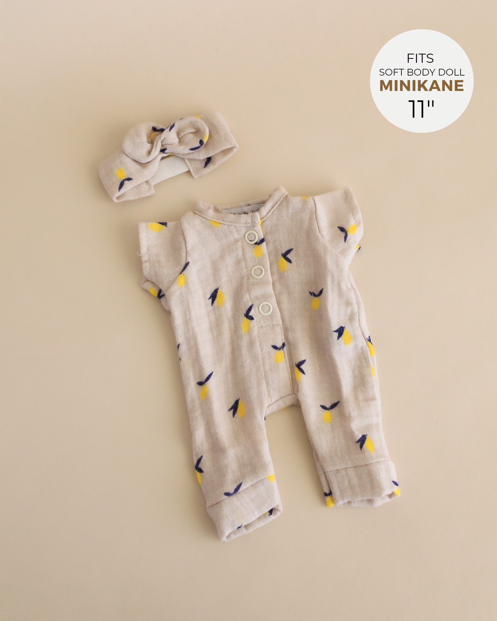 Minikane Doll Clothes | Soft Body Doll Jumpsuit with Headband - Lemons