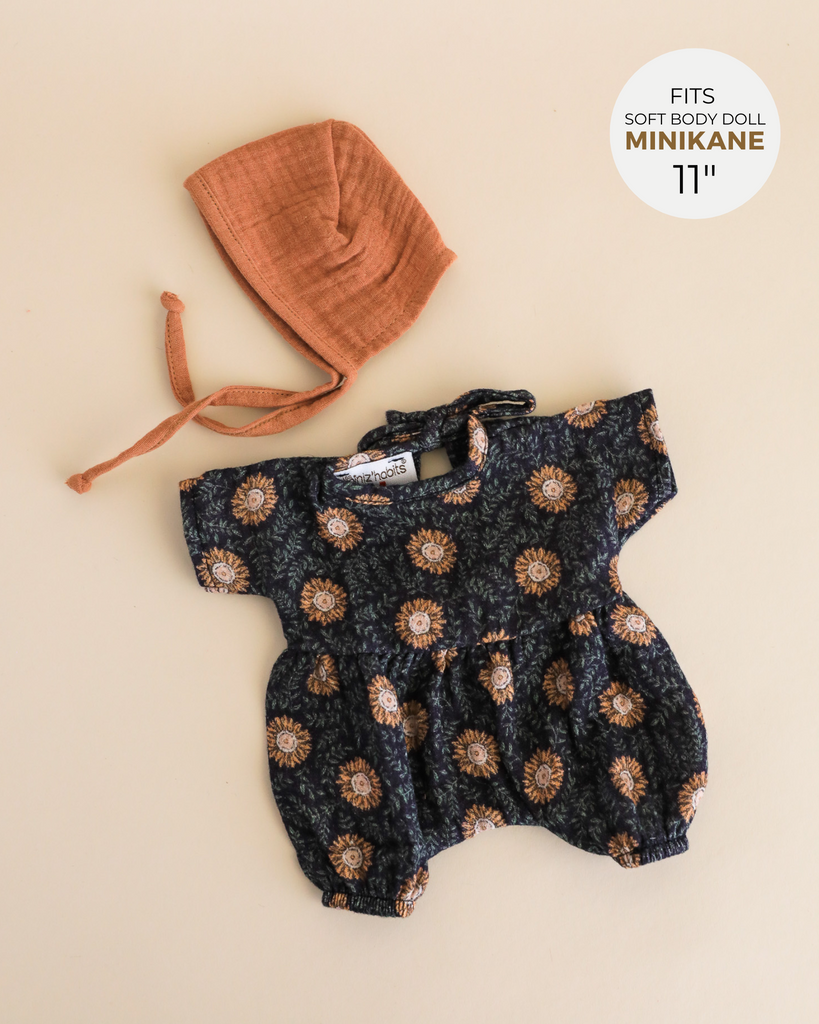 Minikane Doll Clothes | Soft Body Doll Romper with Bonnet - Sunflowers