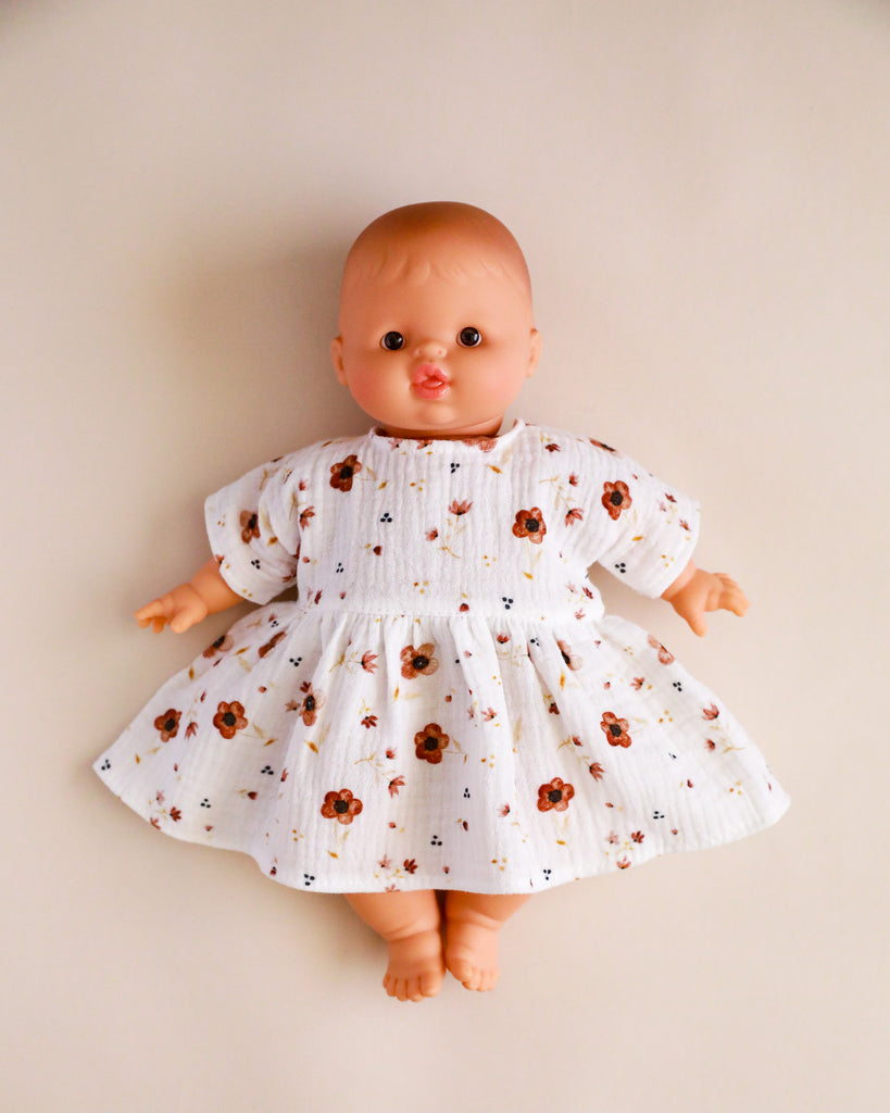 Minikane Doll Clothes | Doll Muslin Dress - Brown Flowers