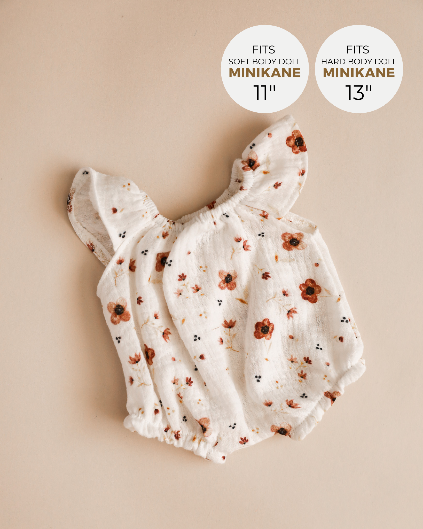 Minikane Doll Clothes | Doll Muslin Romper - Brown Flowers
