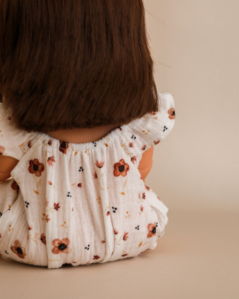 Minikane Doll Clothes | Doll Muslin Romper - Brown Flowers