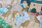 Jigsaw puzzle with cartoon characters and furniture on a wooden surface