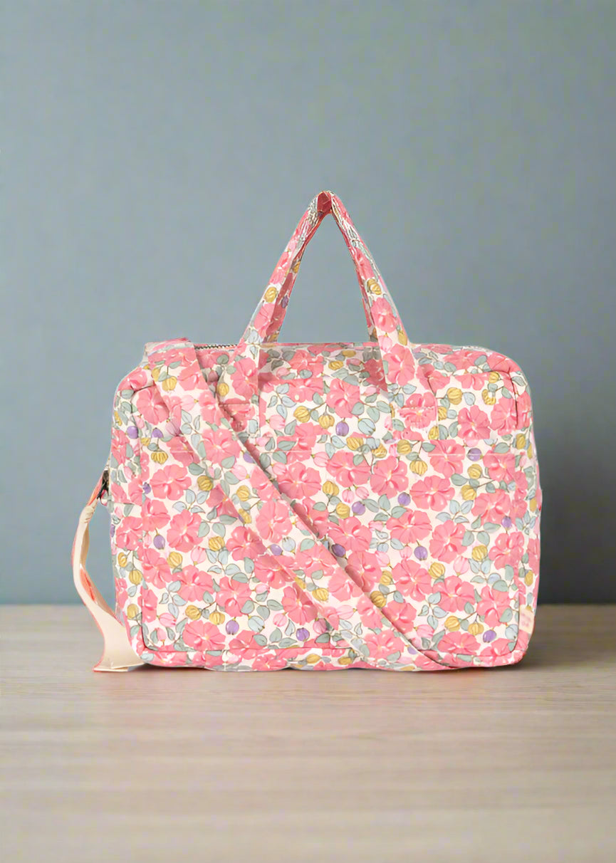 OEKO-TEX cotton doll diaper bag featuring vintage English garden rose design with golden accents
