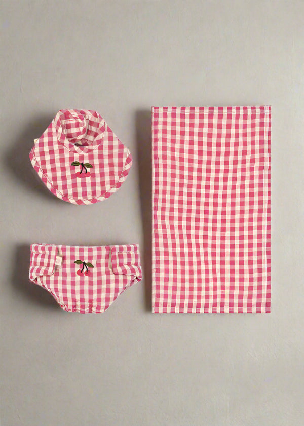 Bubblegum check doll nursery set with gingham bib, diaper, and muslin cloth featuring cherry embroidery