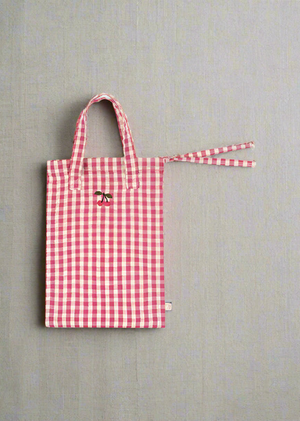 Complete 3-piece pink gingham doll care set with OEKO-TEX certified cotton construction