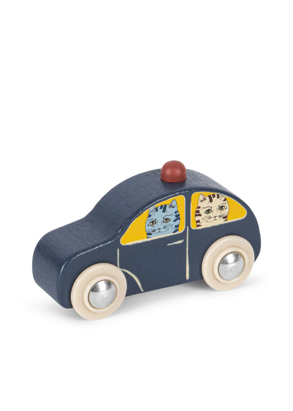 Little blue wooden car with cat passengers made from FSC-certified beech wood for toddlers