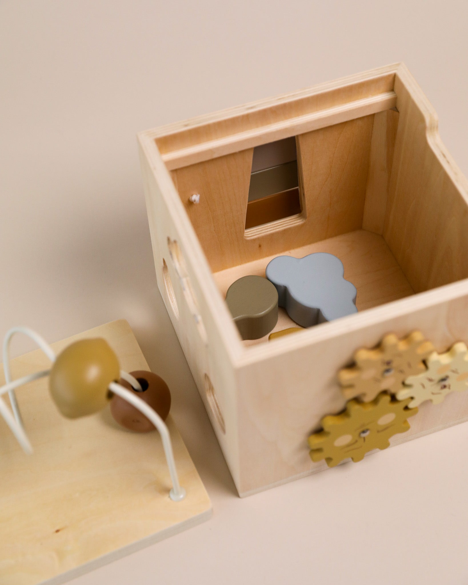 wooden activity cube, activity toy, busy board, busy box