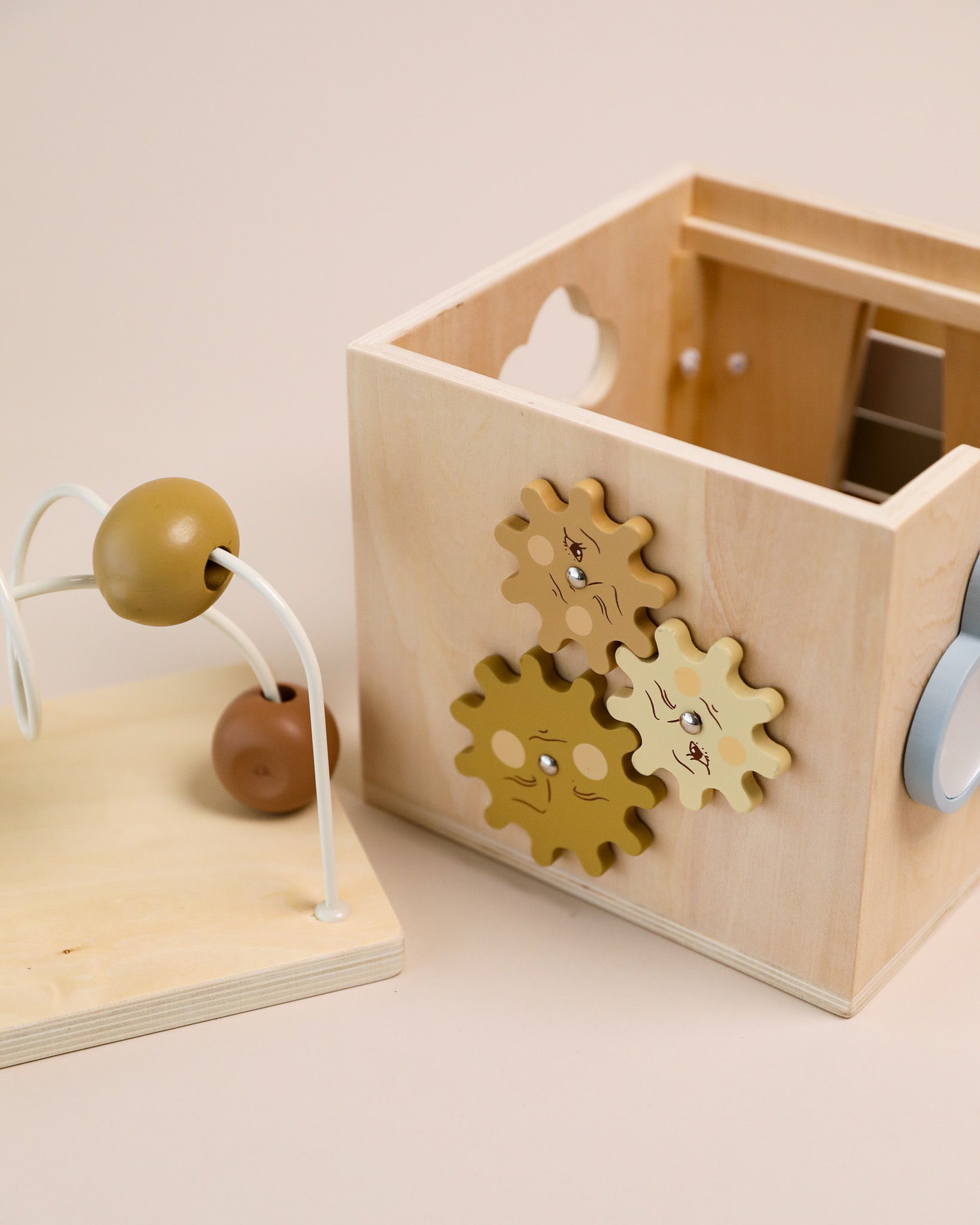 wooden activity cube, activity toy, busy board, busy box