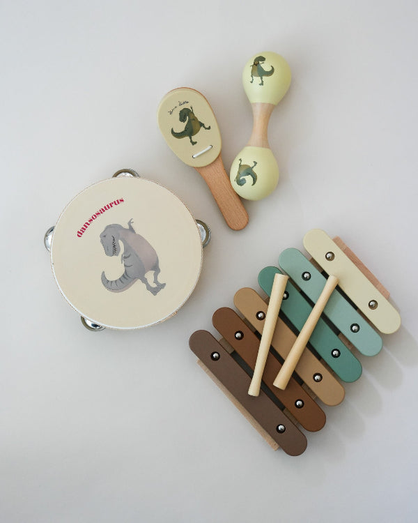 Five-piece wooden dinosaur music set with tambourine, castanet, maraca, xylophone and storage box