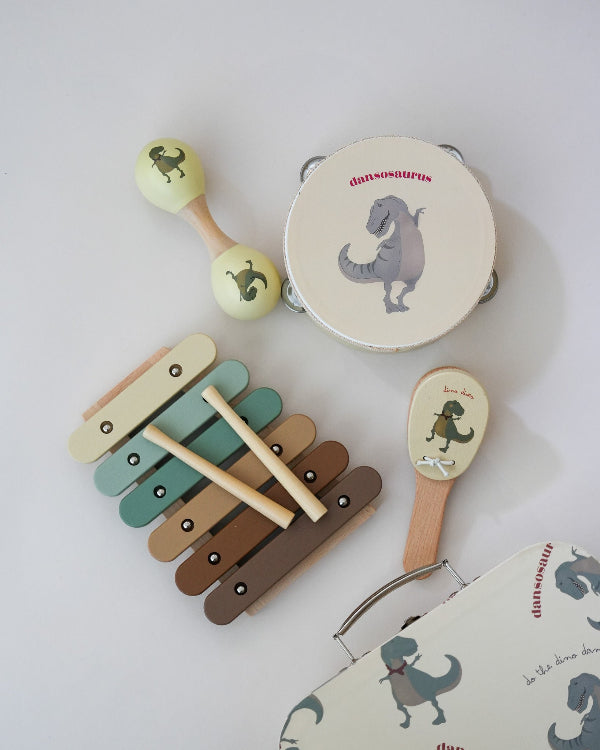 FSC-certified Dansosaurus-themed musical instruments with prehistoric dinosaur designs