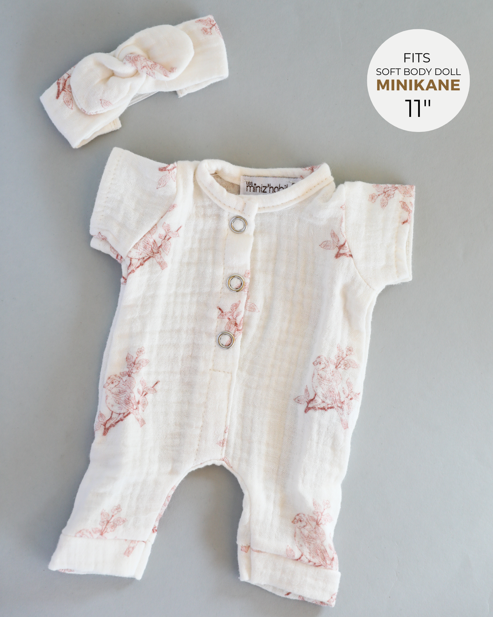 Minikane Doll Clothes | Soft Body Doll Jumpsuit with Headband (Bird Print)