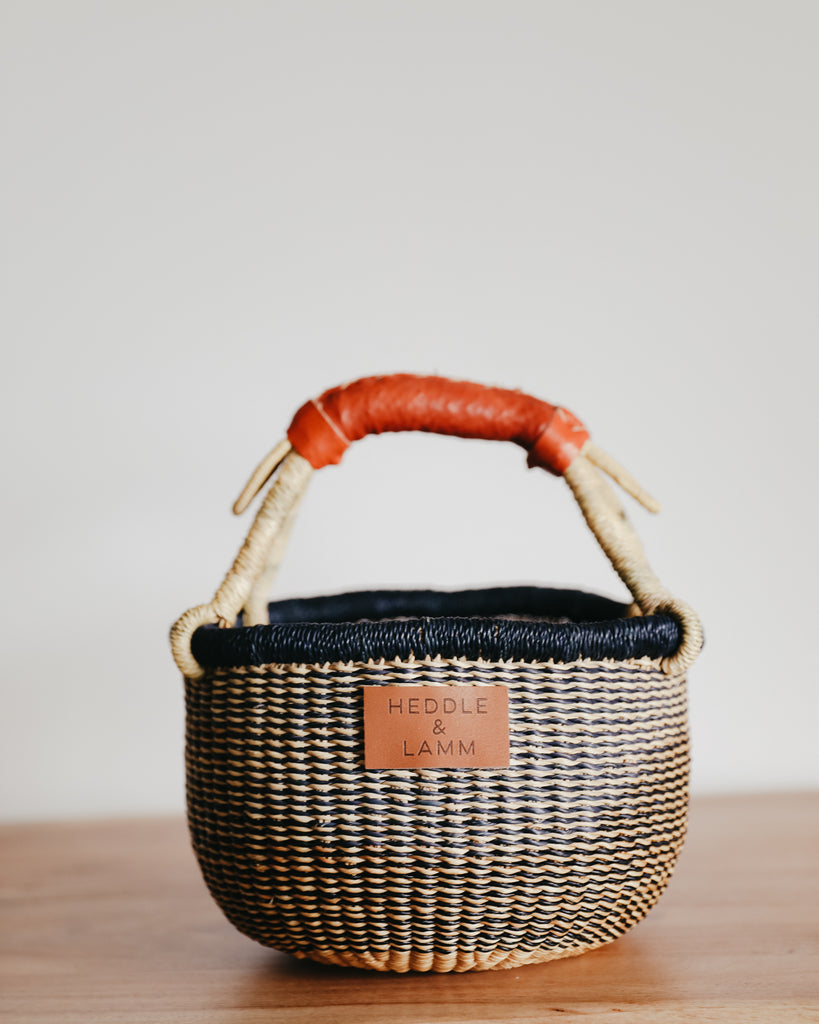 Small Bolga Basket - Natural and Blue Stripes