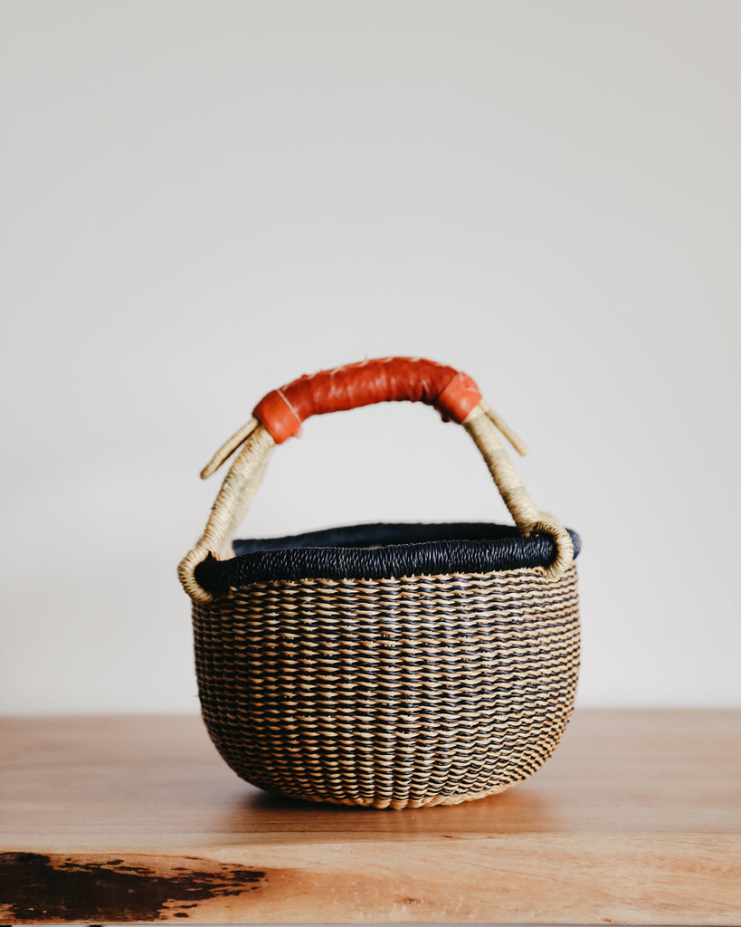 Small Bolga Basket - Natural and Blue Stripes