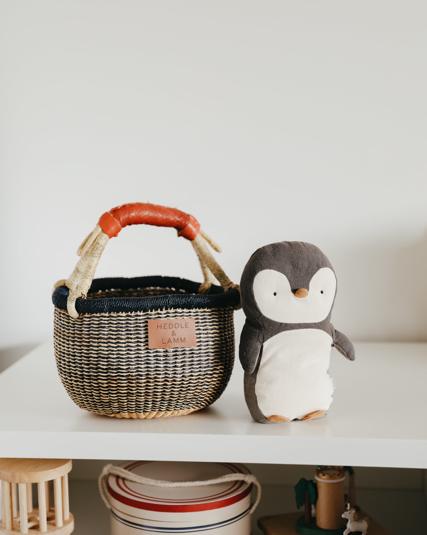 Small Bolga Basket - Natural and Blue Stripes