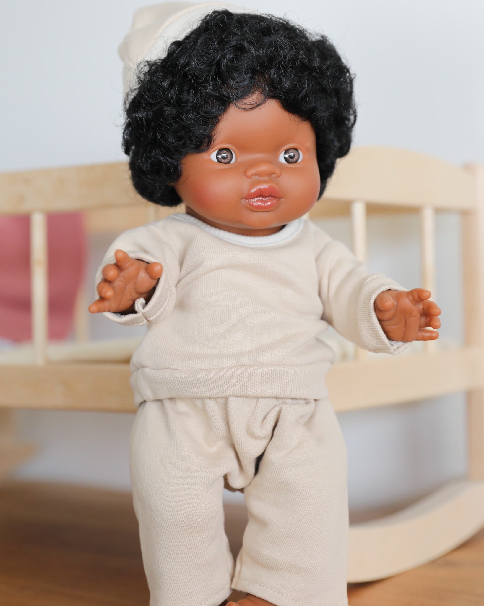 Minikane Doll Clothes | Baby Doll Fleece Pant Set with Hat (White)