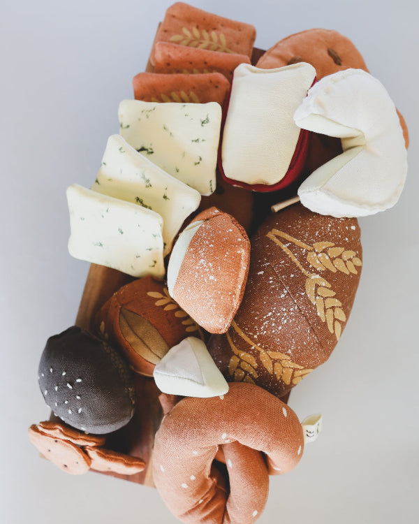 Complete bakery play food collection featuring artisan breads, rolls and specialty loaves with silk screen printing