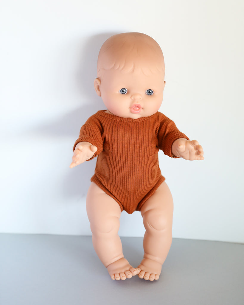 Minikane Doll Clothes | Short Sleeved Baby Doll Bodysuit (Dark Brown)
