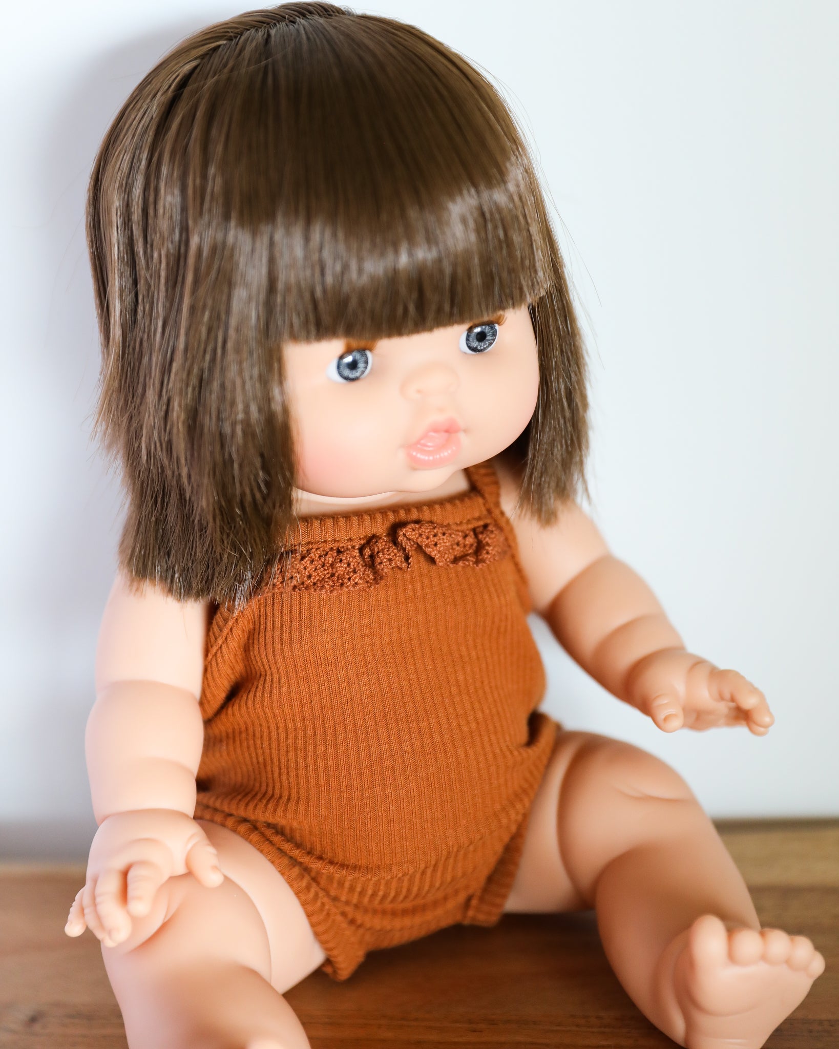 Minikane Doll Clothes | Baby Girl Doll Ribbed Cotton & Lace Bodysuit (Brown)