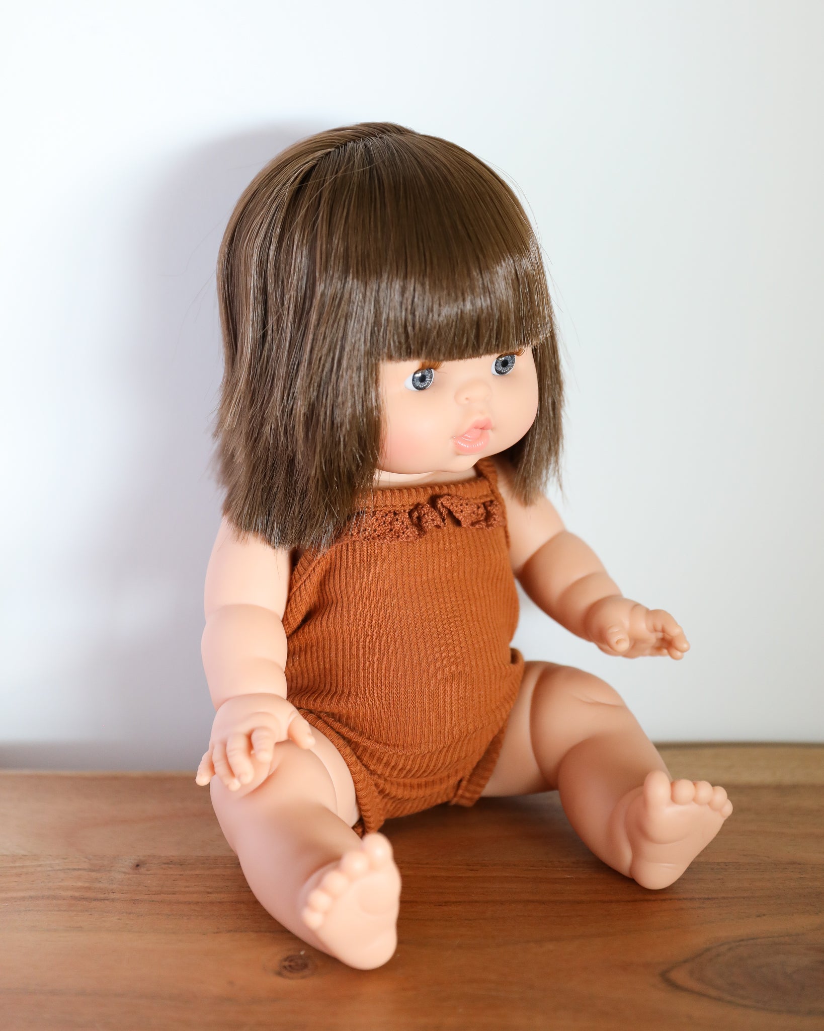 Minikane Doll Clothes | Baby Girl Doll Ribbed Cotton & Lace Bodysuit (Brown)
