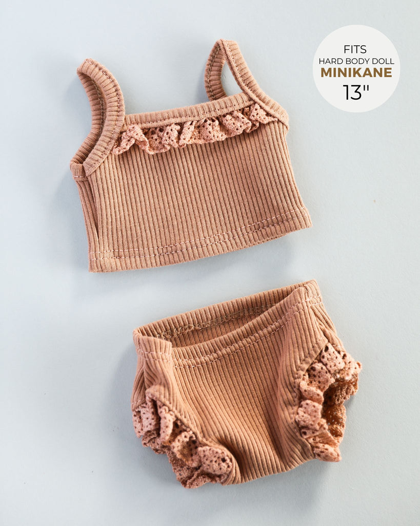 Minikane Doll Clothes | Baby Girl Doll Ribbed Cotton & Lace Two-Piece Set (Beige)