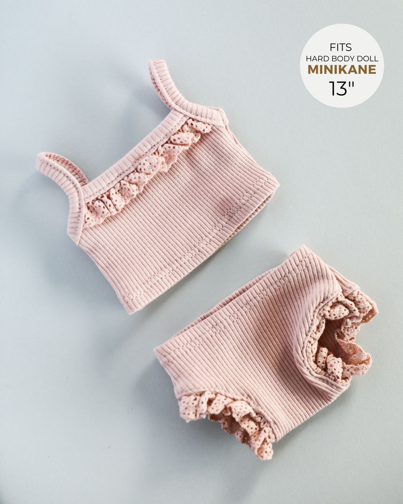 Minikane Doll Clothes | Baby Girl Doll Ribbed Cotton & Lace Two-Piece Set (Petal)
