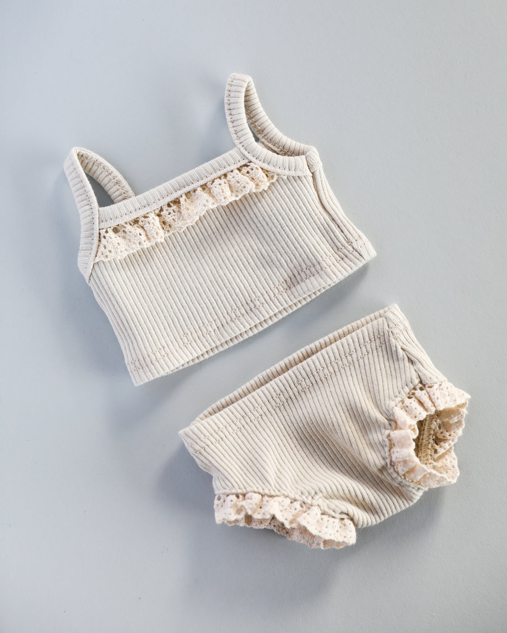 Minikane Doll Clothes | Baby Girl Doll Ribbed Cotton & Lace Two-Piece Set (White)