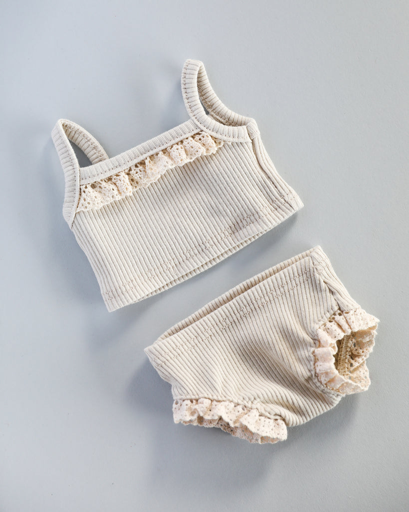 Minikane Doll Clothes | Baby Girl Doll Ribbed Cotton & Lace Two-Piece Set (White)