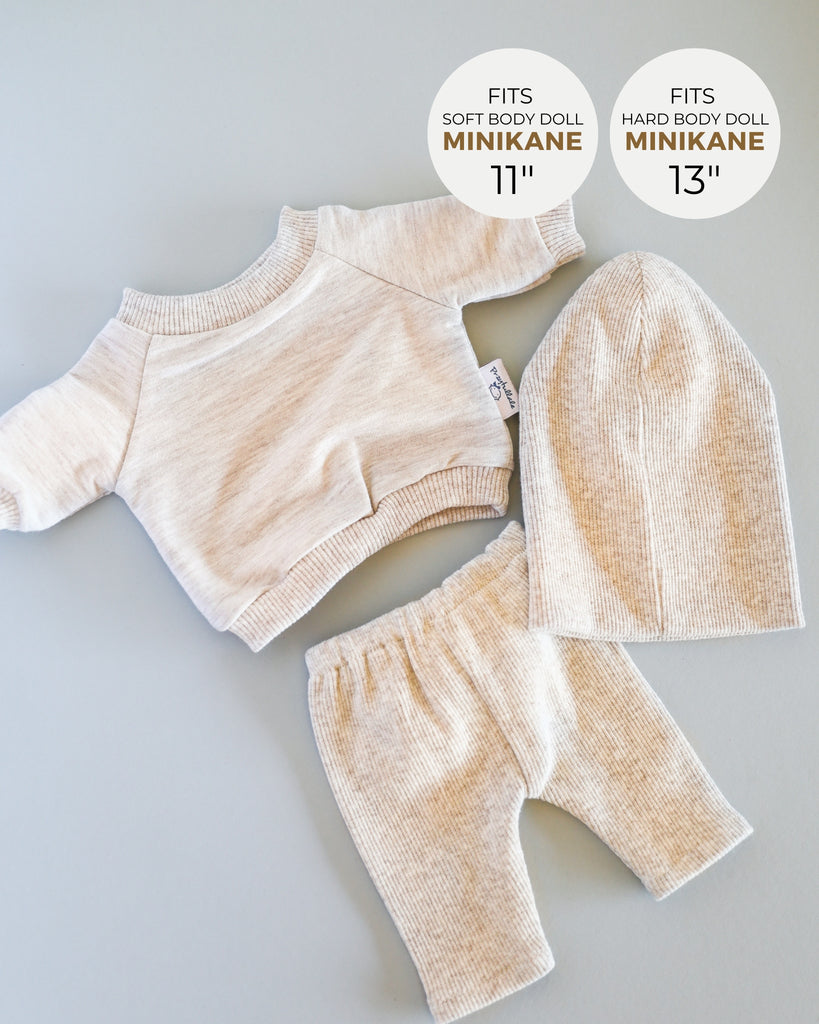 Minikane Doll Clothes | Baby Doll Sweatshirt Set with Beanie (Beige)
