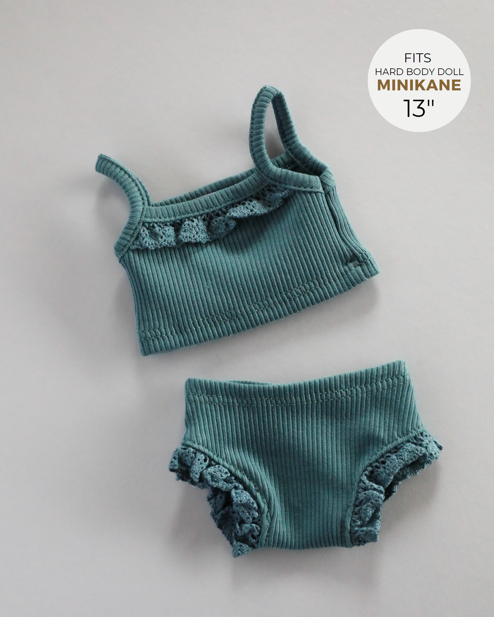 Minikane Doll Clothes | Baby Girl Doll Ribbed Cotton & Lace Two-Piece Set (Blue)