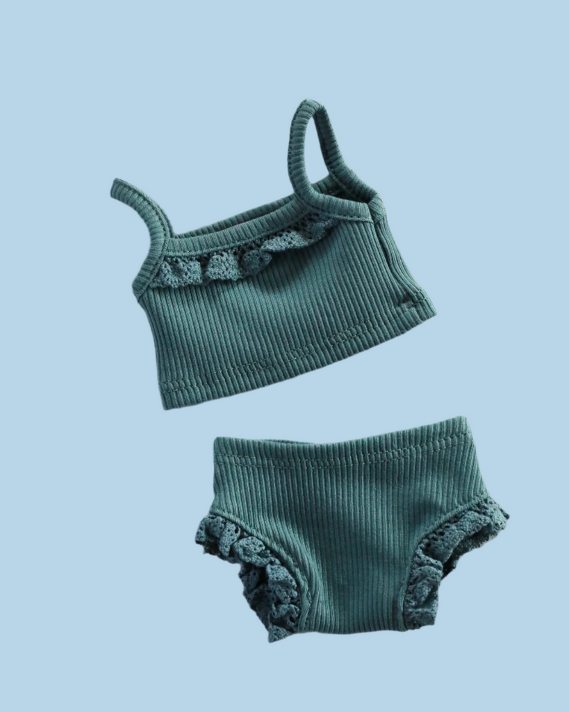 Minikane Doll Clothes | Baby Girl Doll Ribbed Cotton & Lace Two-Piece Set (Blue)