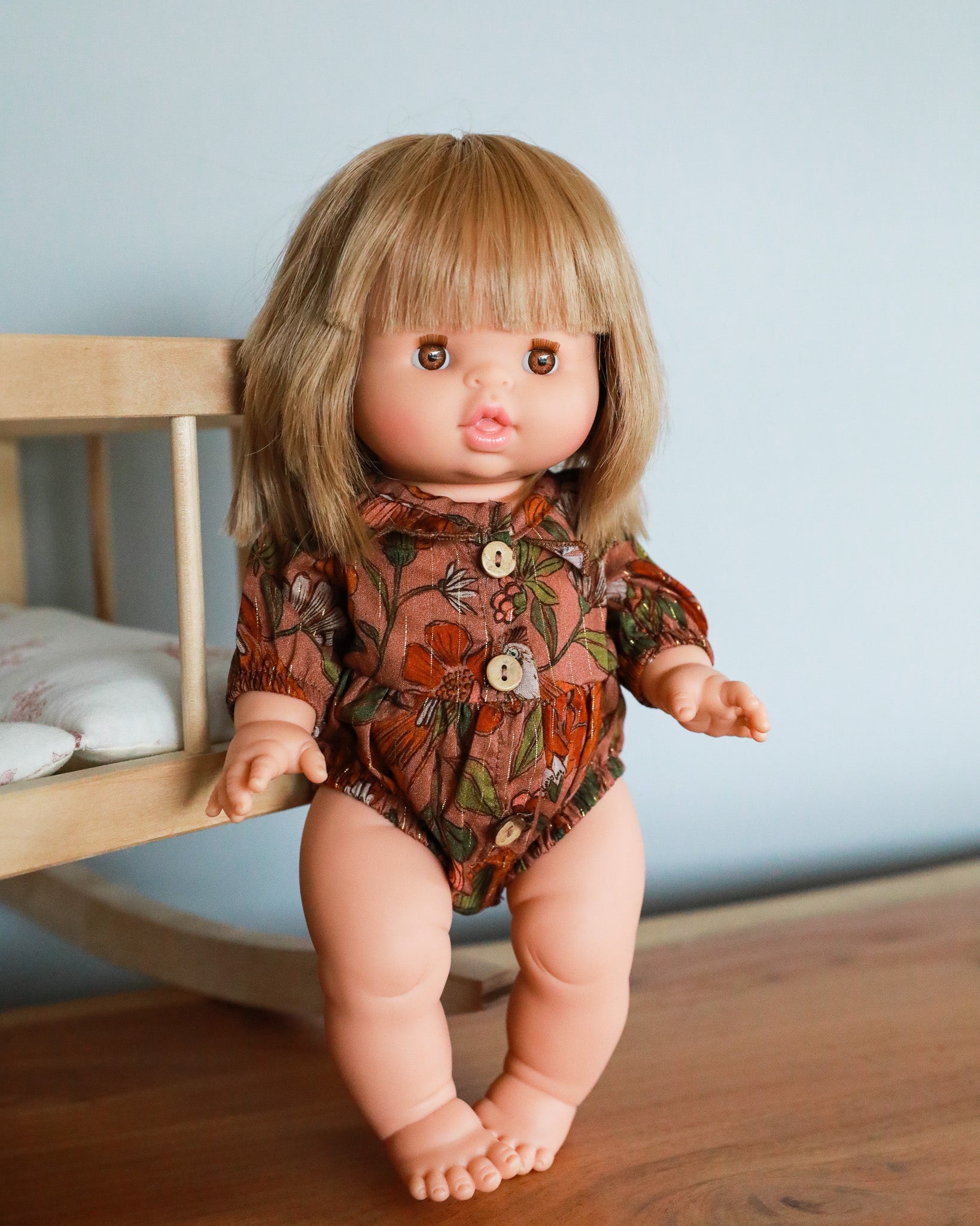 Minikane Doll Clothes | Baby Doll Floral Romper (Brown)