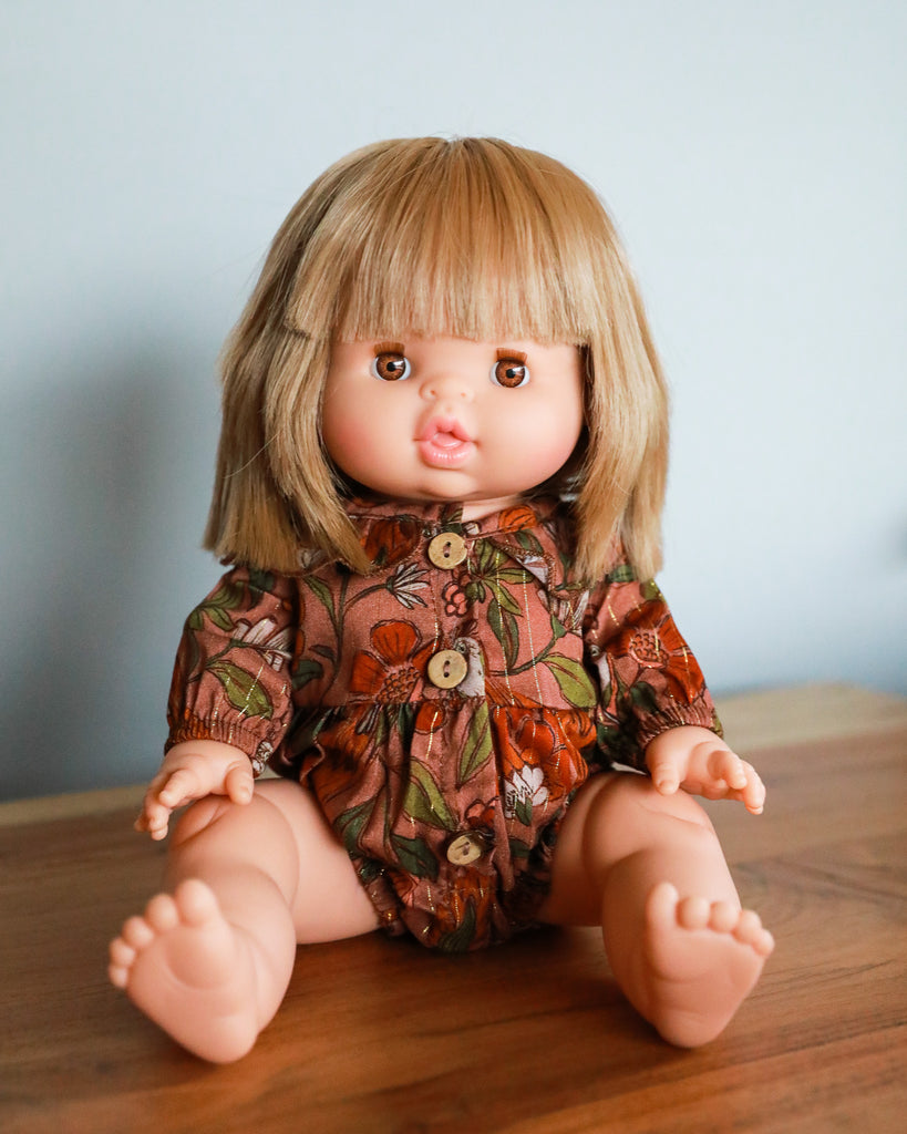 Minikane Doll Clothes | Baby Doll Floral Romper (Brown)