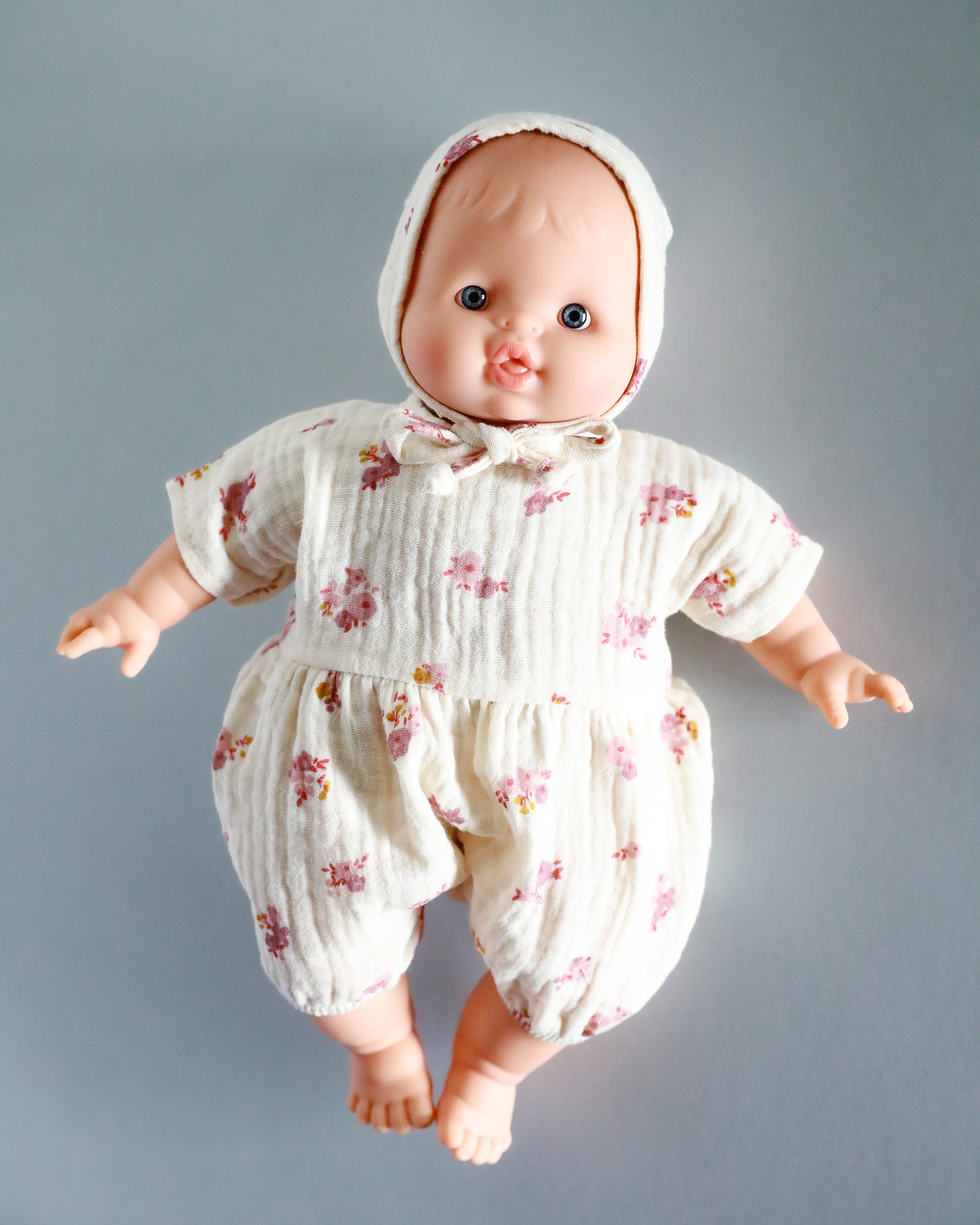 Minikane Doll Clothes | Soft Body Doll Romper with Bonnet - Flowers