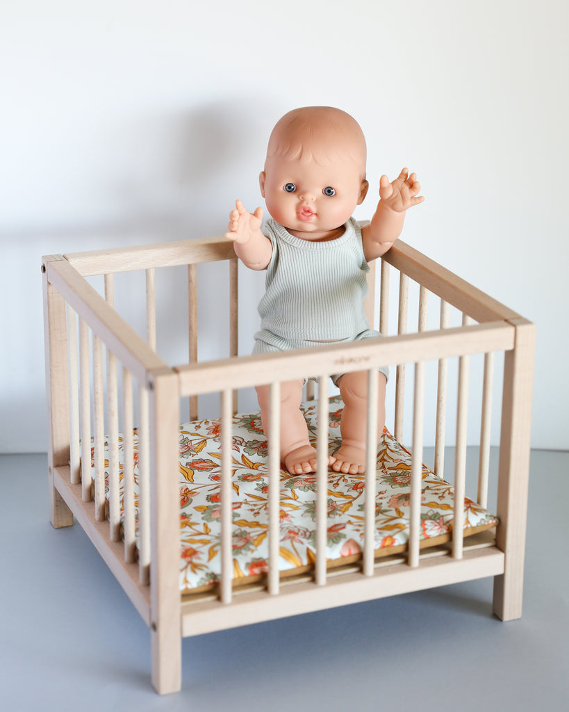 Minikane Doll Furniture | Wooden Baby Doll Playpen - Flower Print