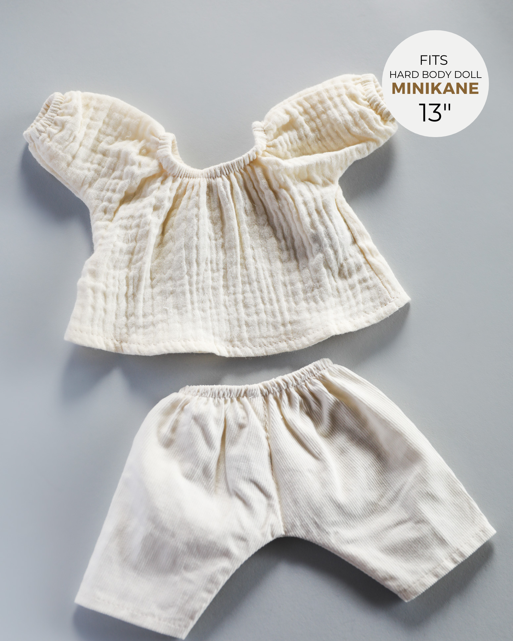 Minikane Doll Clothes | Baby Doll Muslin Top and Velvet Pant Set (White)