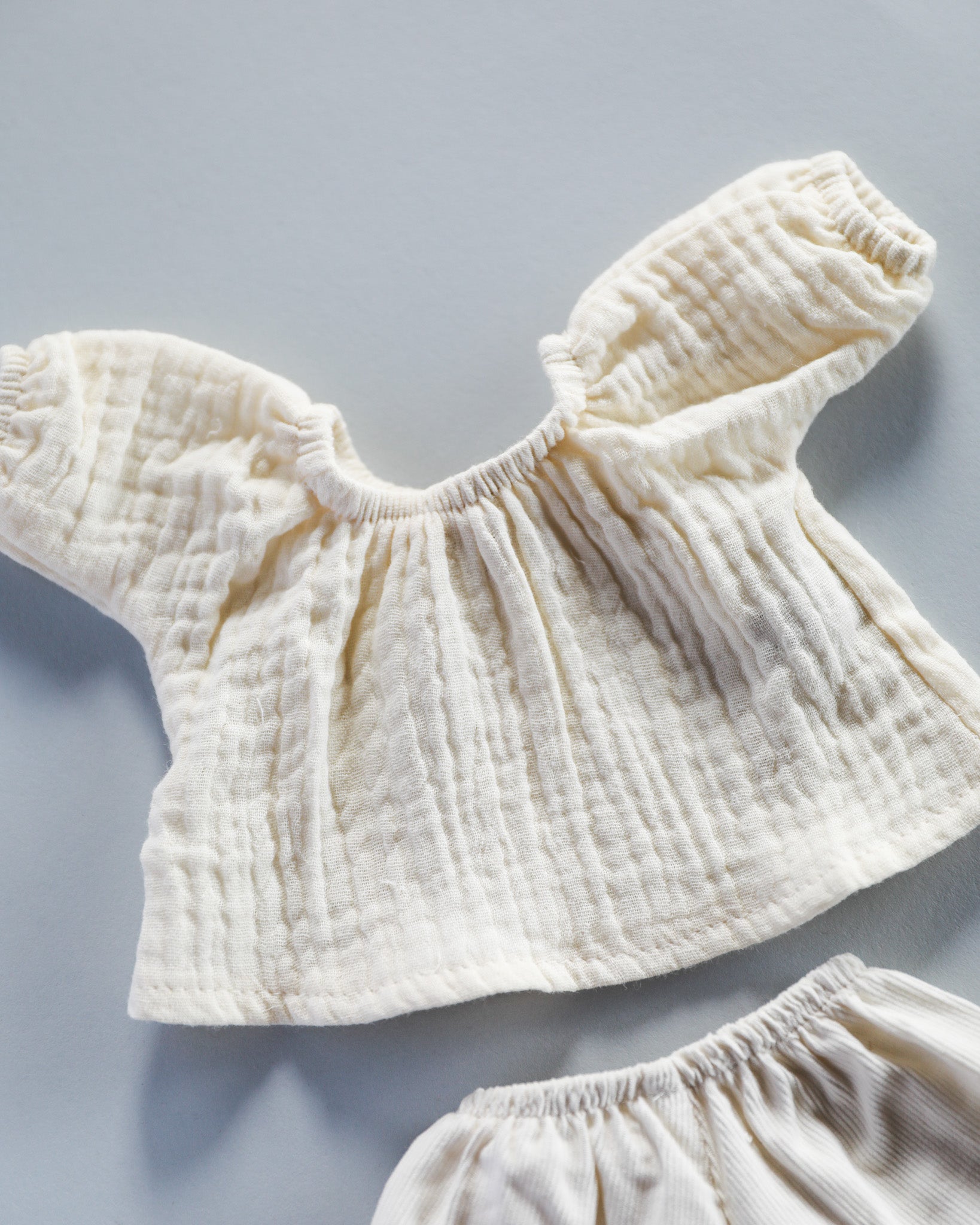 Minikane Doll Clothes | Baby Doll Muslin Top and Velvet Pant Set (White)