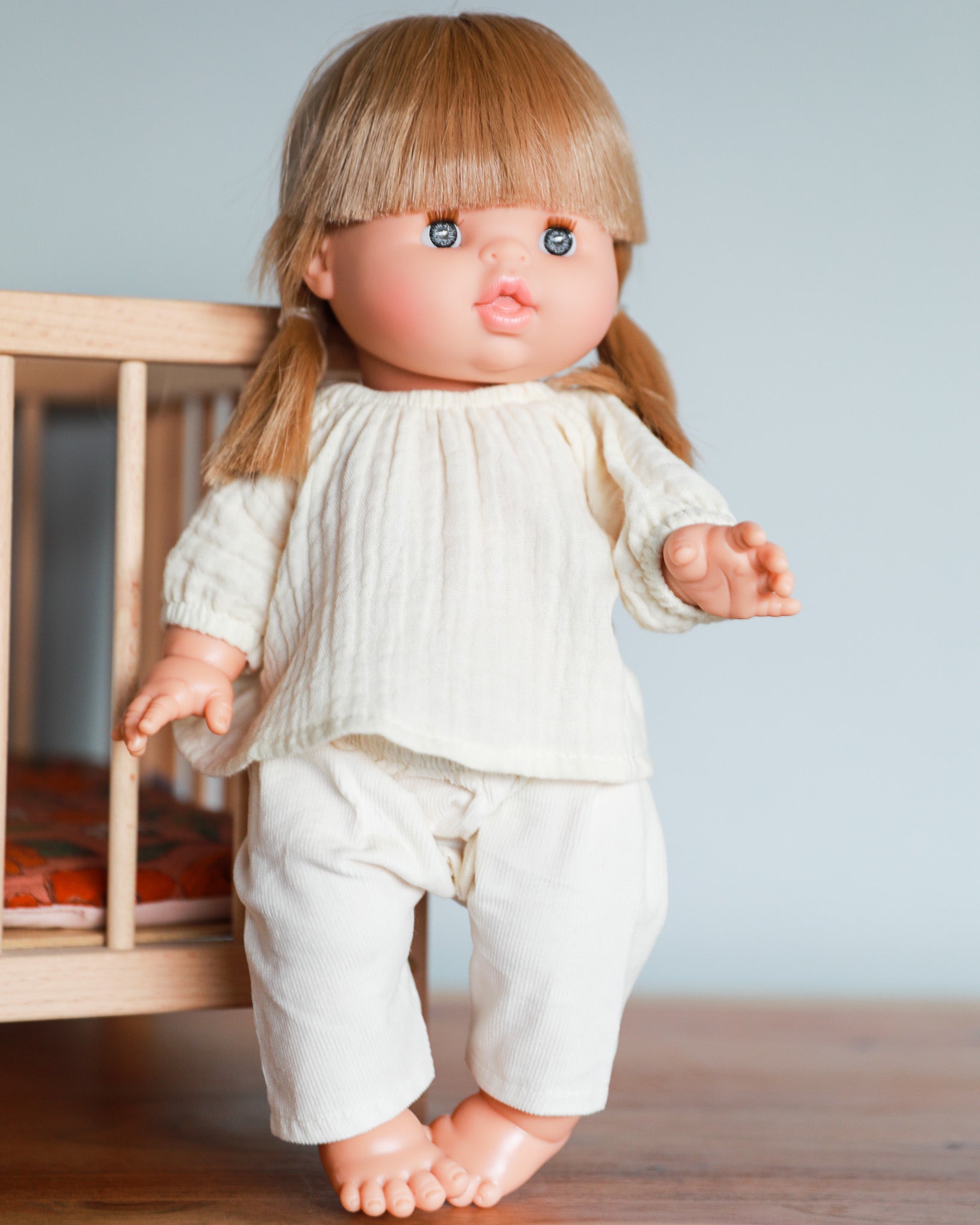 Minikane Doll Clothes | Baby Doll Muslin Top and Velvet Pant Set (White)