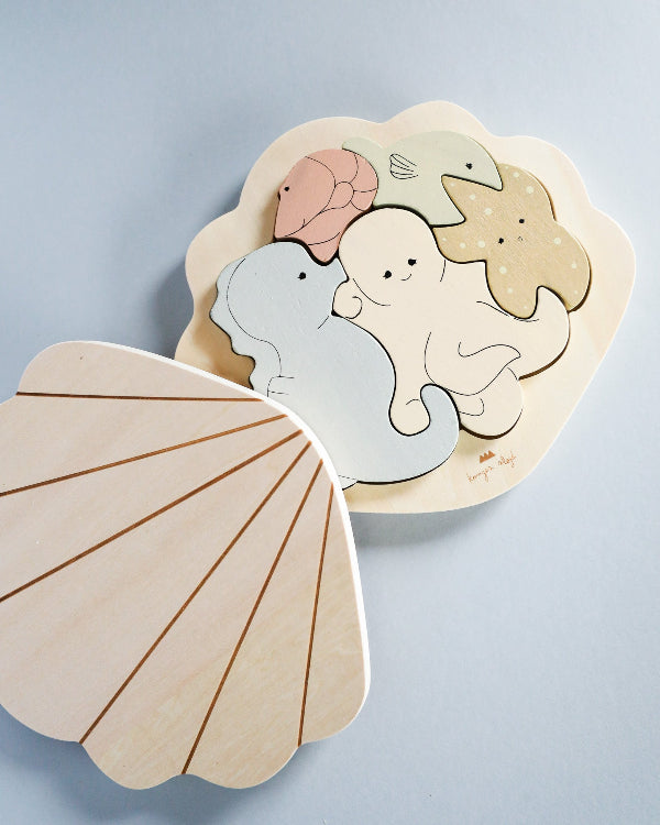 Sea Animals Wooden Clam Puzzle Playroom Collective