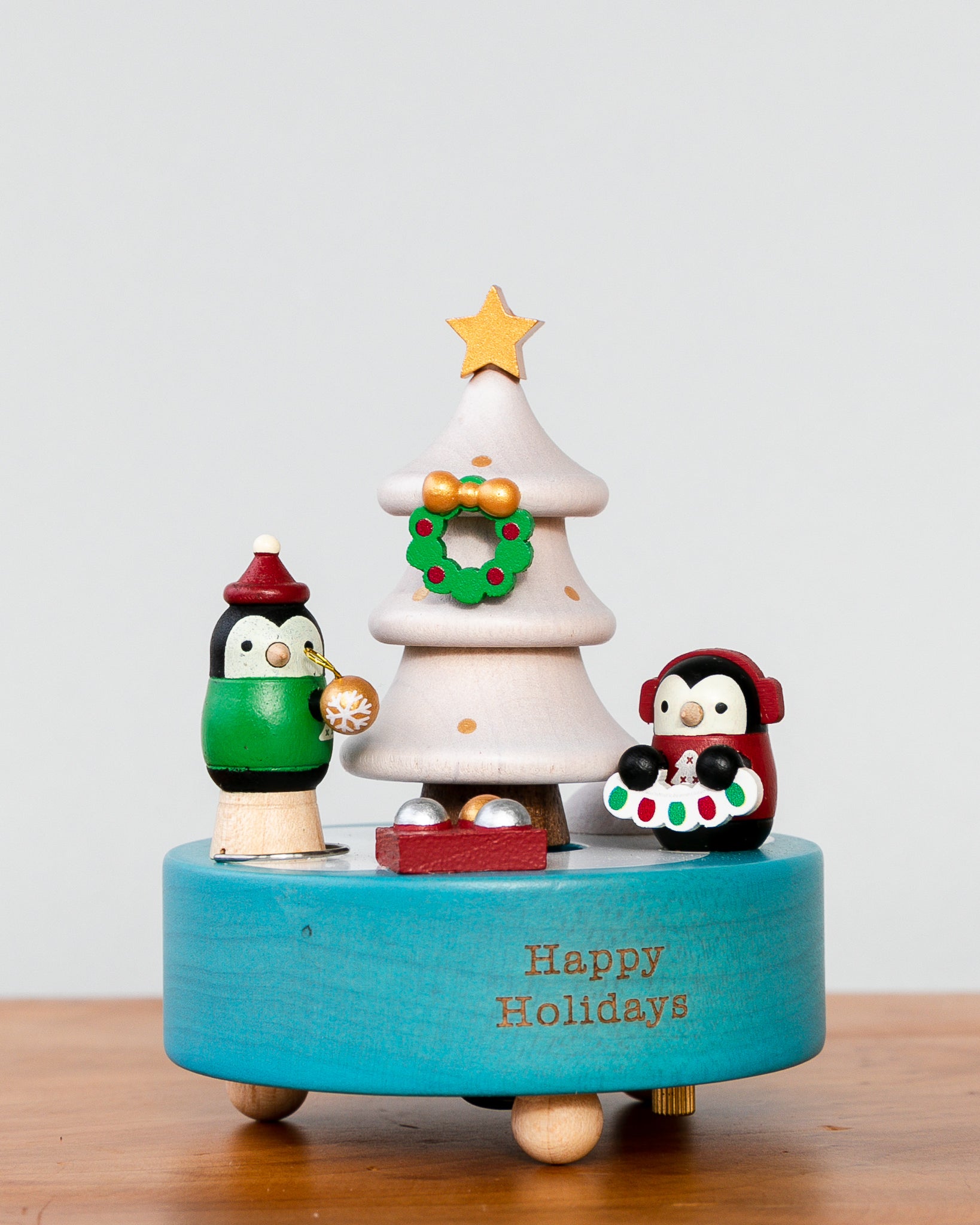 Wooden Music Box - Penguins and the Christmas Tree