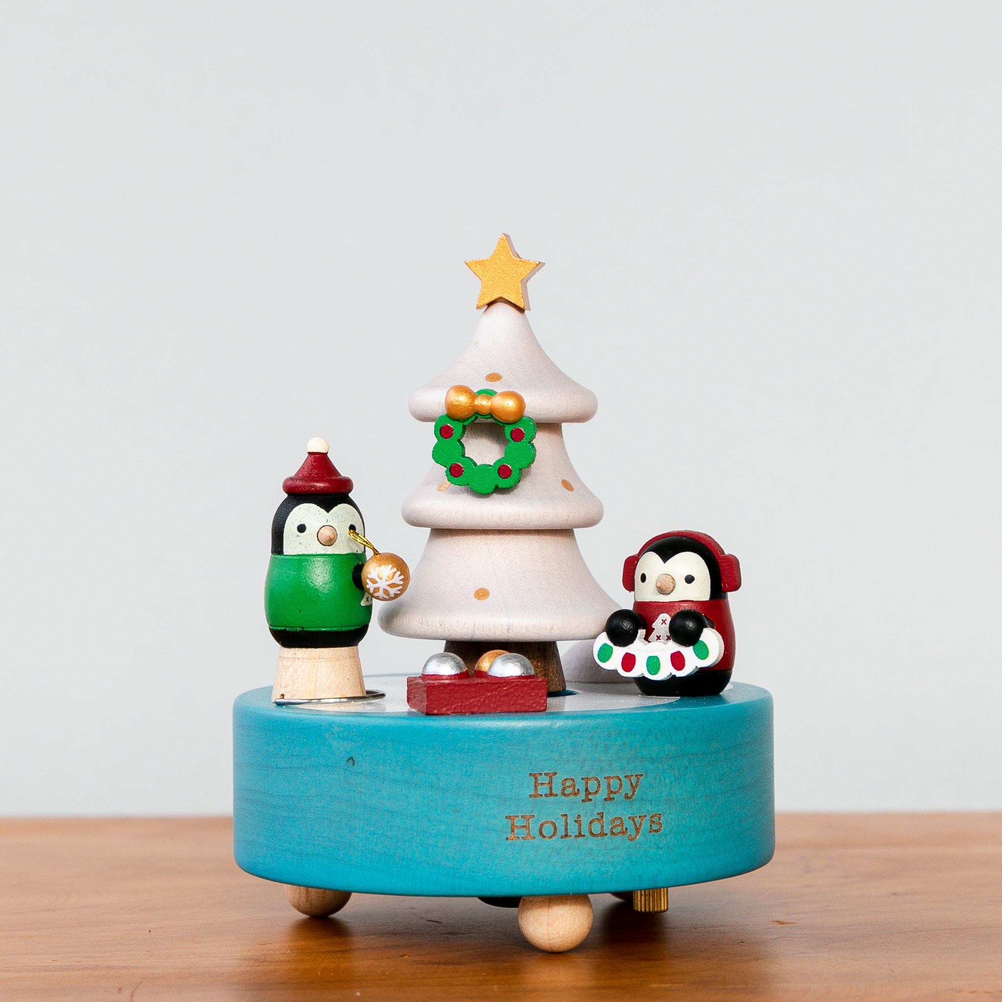 Wooden Music Box - Penguins and the Christmas Tree